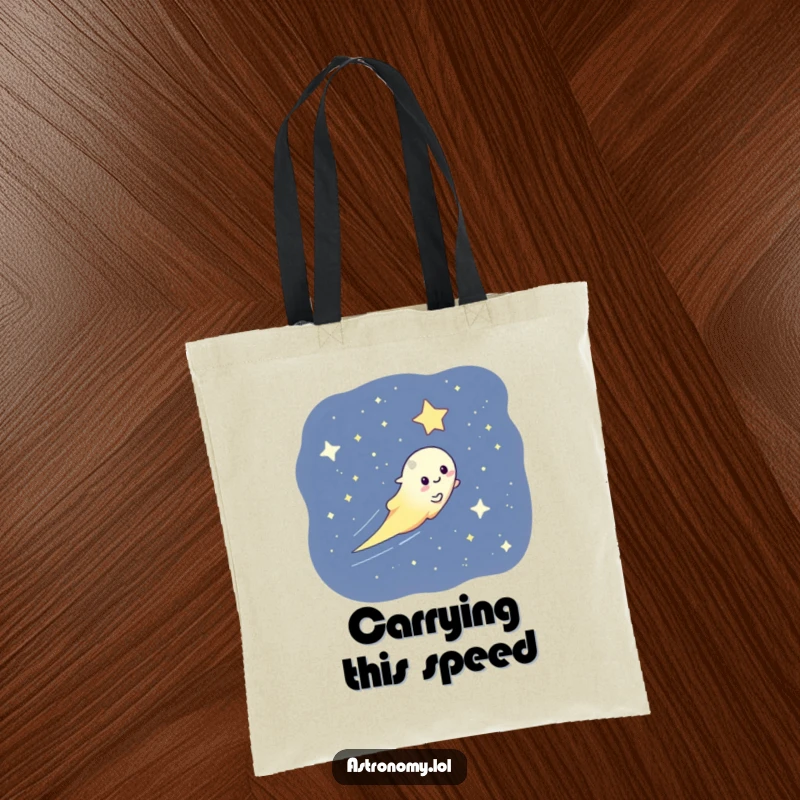 Funny tote bag showing a playful comet streaking through a starry sky, perfect for carrying items with cosmic flair.