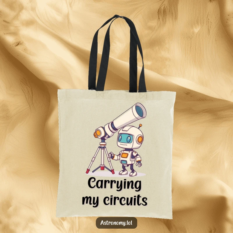 Funny Robot Tote Bag with a bewildered little character looking through a giant telescope, perfect for carrying essentials with cosmic curiosity.