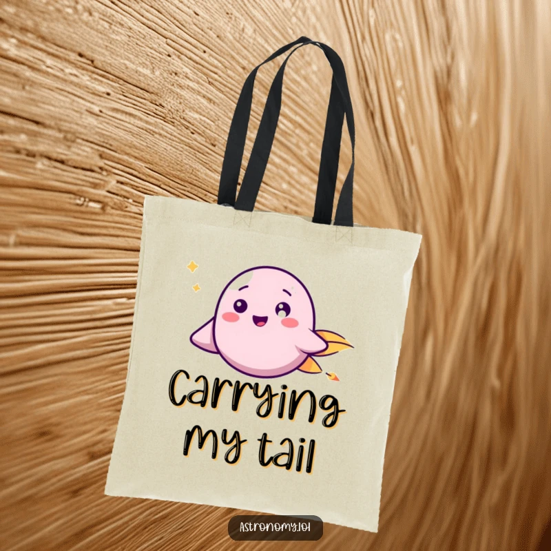 Funny Tote Bag: A happy comet with a friendly face speeds through space, perfect for carrying cosmic essentials.