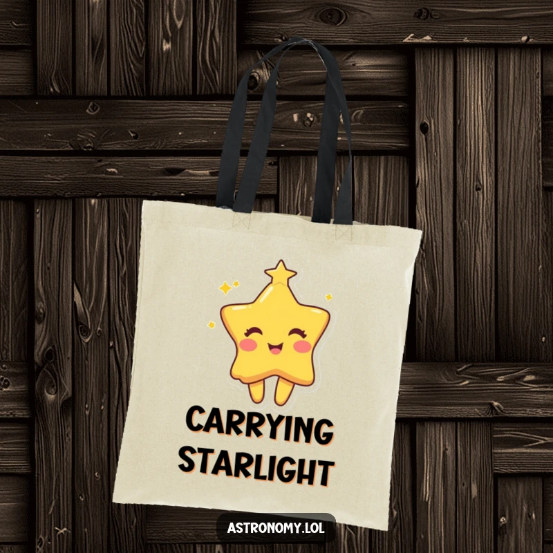 Funny star tote bag depicting a small, playful character twinkling with a mischievous and joyous expression.