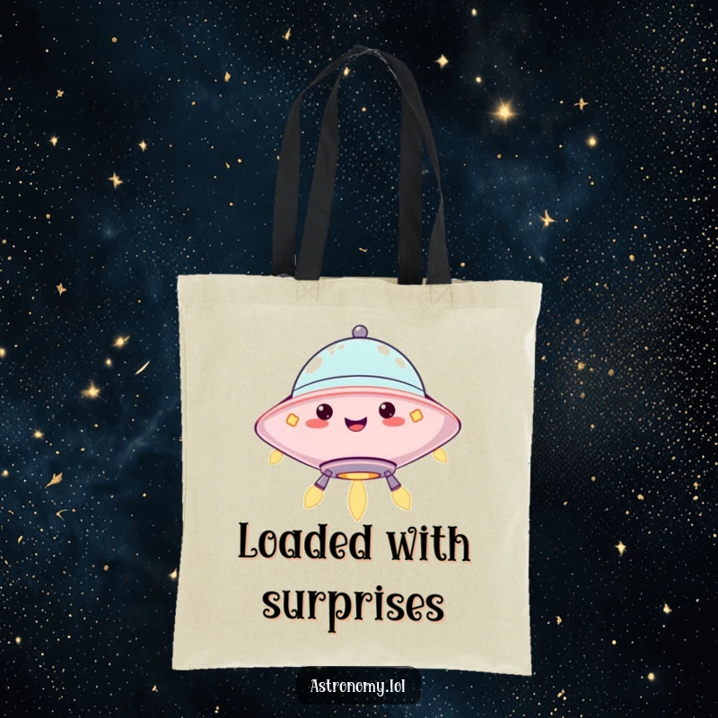 Funny tote bag with a jolly UFO character hovering and blinking lights, perfect for carrying essentials with a smile. Hilarious gift.