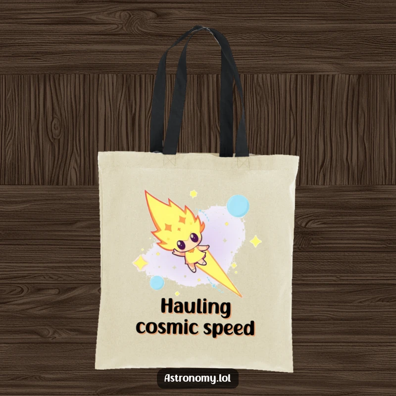 Funny determined meteor character blazing across a night sky on a sturdy tote bag, symbolizing swiftness.