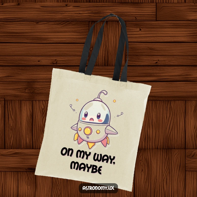 Funny tote bag illustrating a surprised spaceship character trailing comical cartoon smoke, ideal for carrying items with a humorous, space-themed flair.