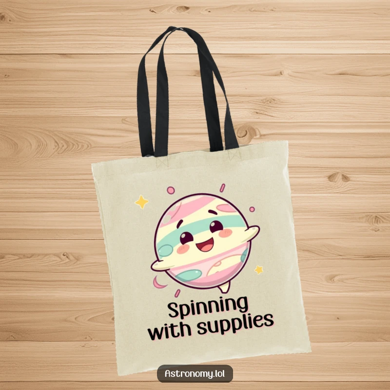 Funny tote bag showcasing a delighted planet character spinning with a happy grin, perfect for carrying items.